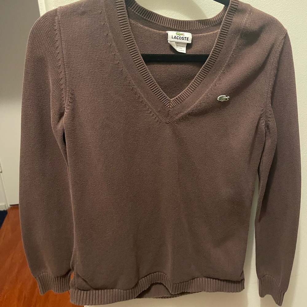 Lacoste Brown V-Neck Sweater Lightweight Knit